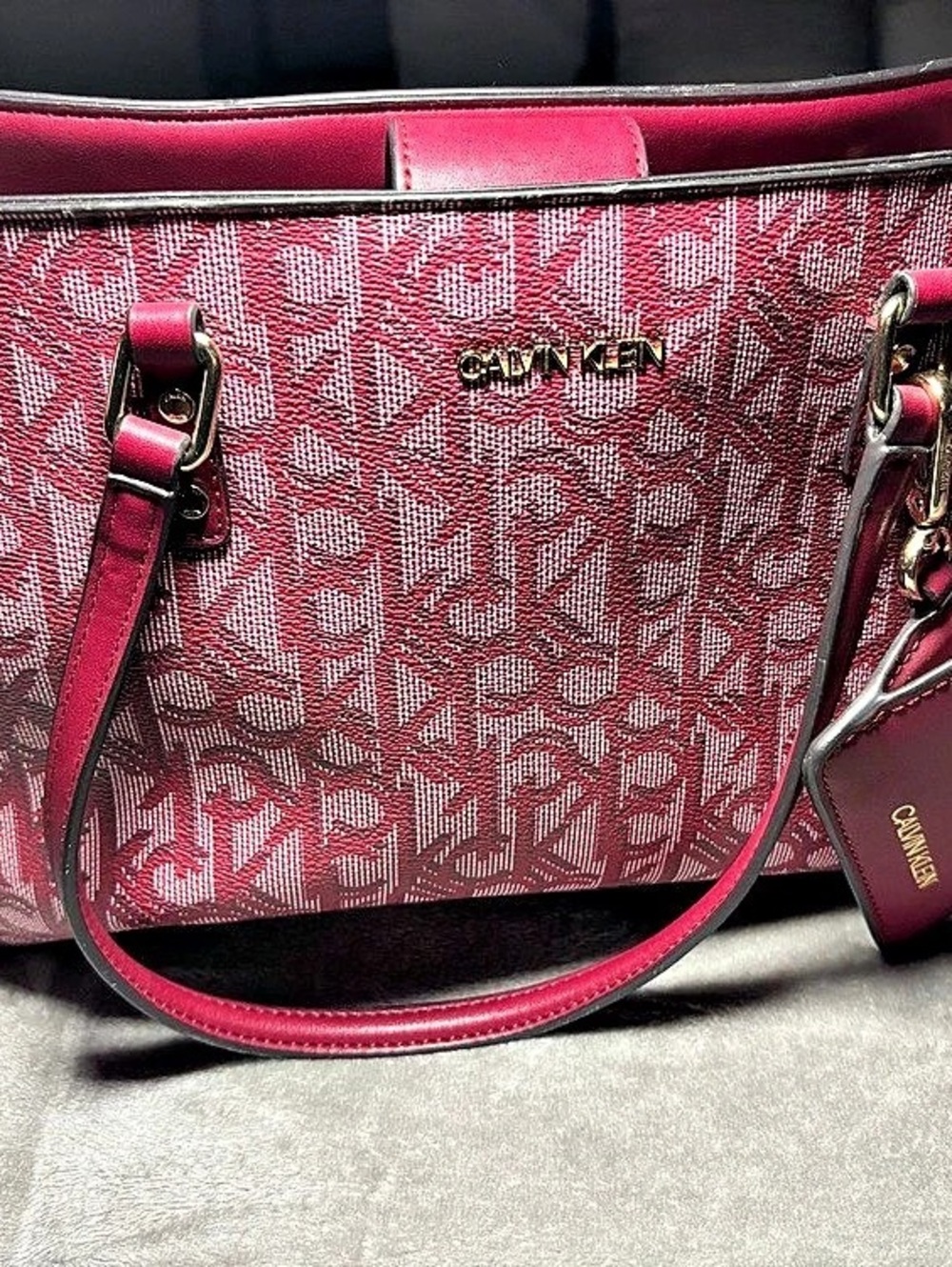 Calvin Klein Verne Signature Embossed Tote Bag with Charm Pink & Red